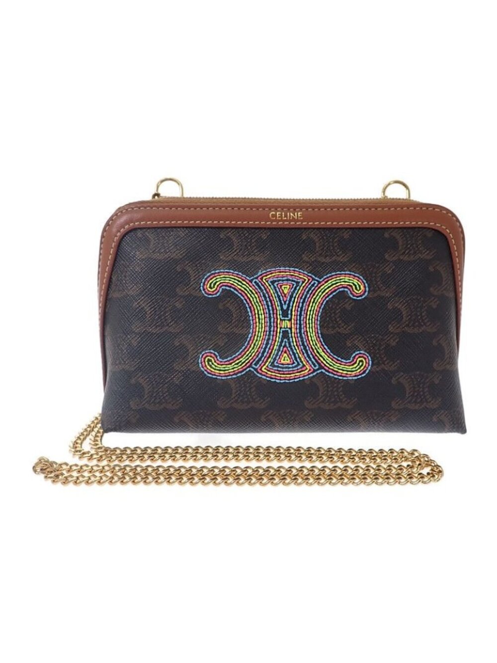 Celine with Chain Clutch Cuir Triomphe Small Shoulder Bag Brown Gold